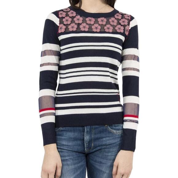 Desigual Womens Navy Long Sleeve Sweater Top Floral Striped Size M Boho Chic - Picture 1 of 13
